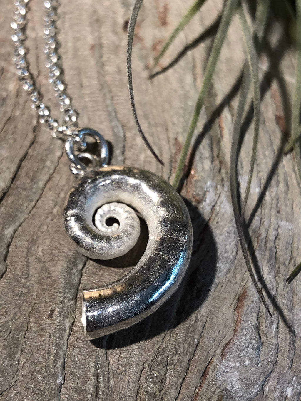 Chunky silver spiral shell necklace.