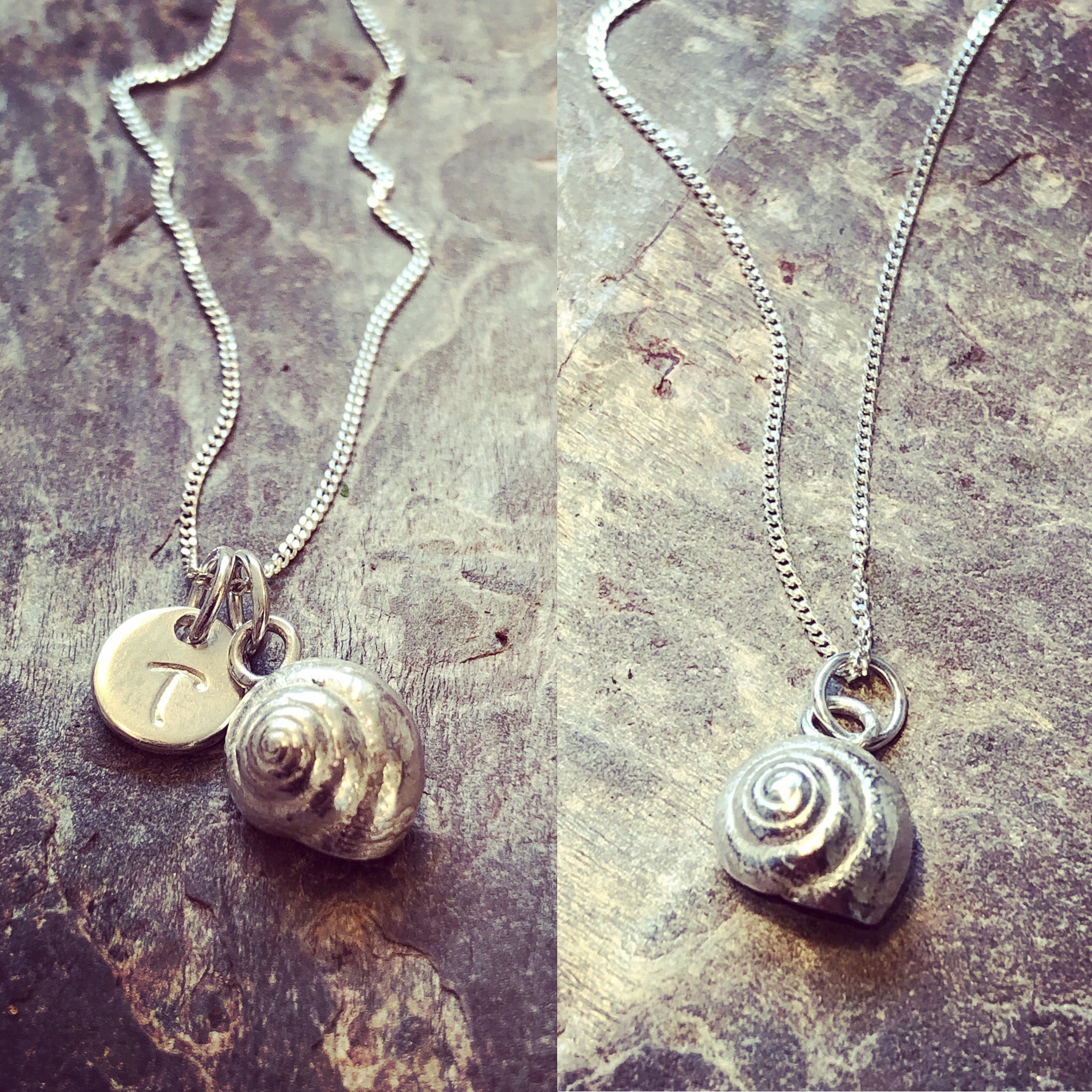 Silver personalised shell necklace.
