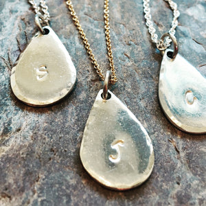 Personalised Silver water drop necklace.