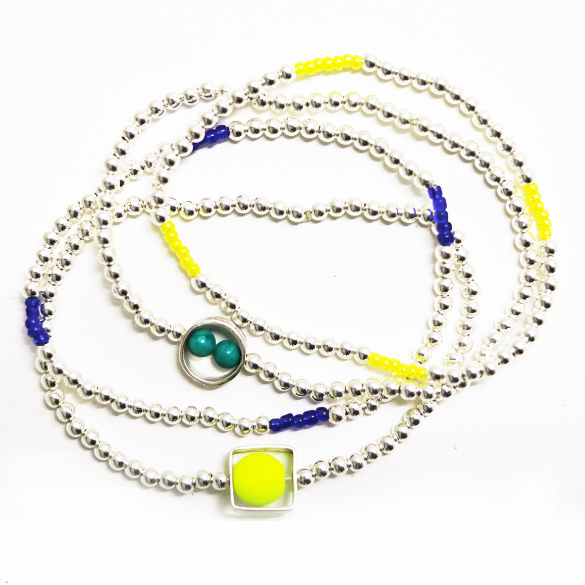 Silver bead bracelet with double aqua bead
