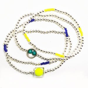 Silver bead bracelet with double aqua bead